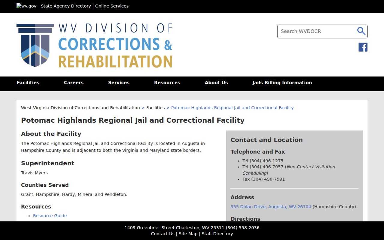 Potomac Highlands Regional Jail custody source for Mineral County arrest records