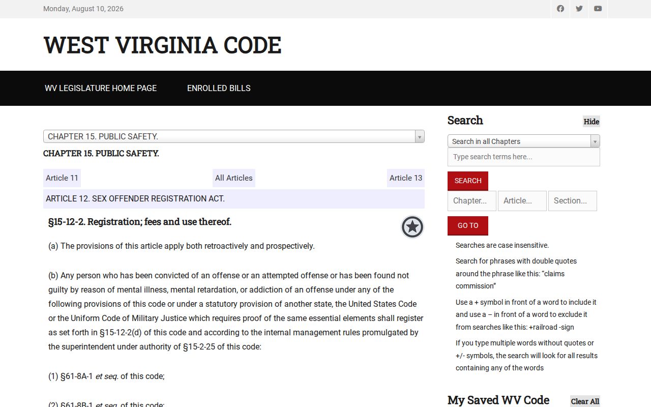 West Virginia registration duties for Mineral County sex offender records