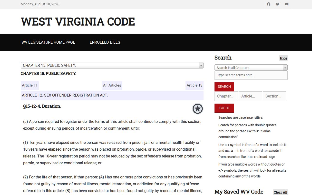 West Virginia ten-year and lifetime registration rules for Mineral County
