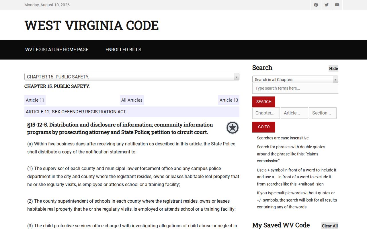 West Virginia registry disclosure law for Mineral County community notification