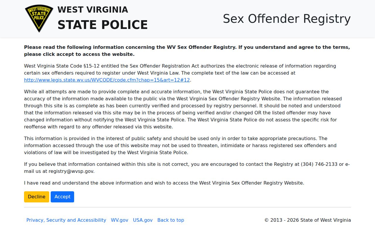 Mineral County sex offender search on the WVSP registry